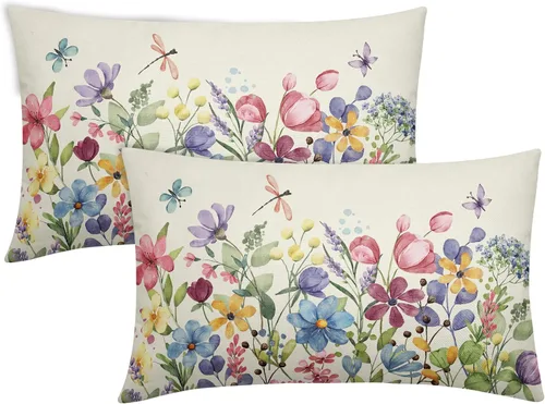 Miniatura 29 de Juego de 2 fundas de almohada de primavera de 16 x 16 pulgadas, diseño de conejo, flores rosas, hojas verdes salvia, plantas botánicas vintage