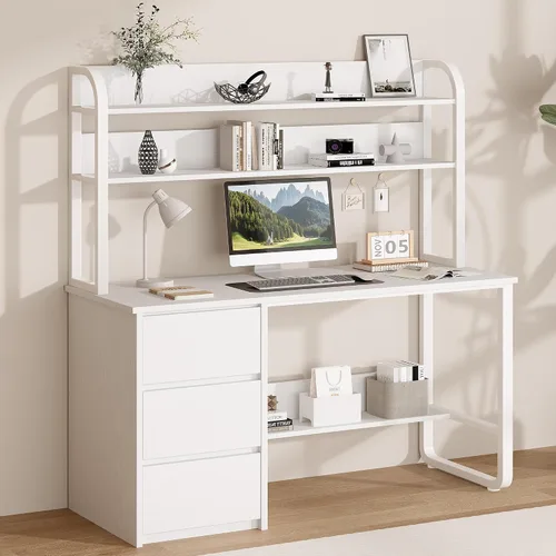 Miniatura 3 de MaverickFurni Escritorio blanco con gabinete, escritorio de computadora de 55 pulgadas con 3 cajones para dormitorio, escritorio de estudio