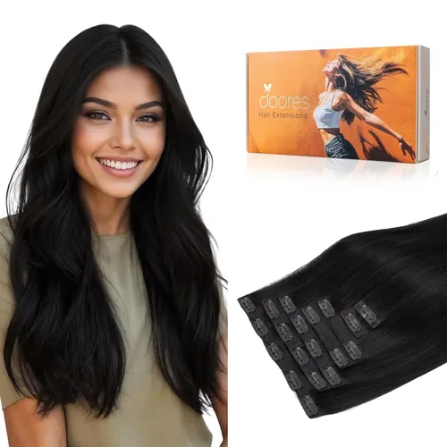 DOORES Extensiones de cabello humano real, color negro azabache, 5.64 oz, 7 unidades, 24 pulgadas, cabello Remy liso natural con clip, trama de