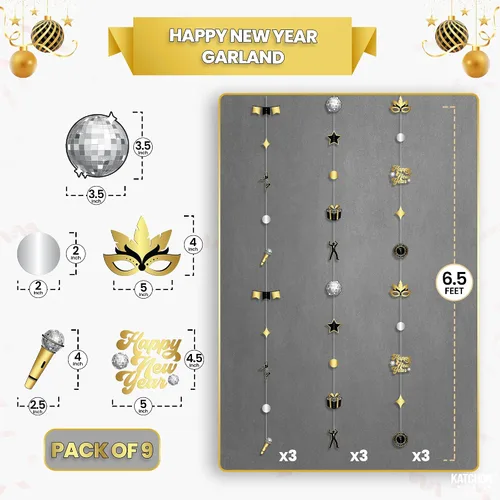 Miniatura 2 de KatchOn, Guirnalda de Feliz Año Nuevo - Paquete de 9 Pre-ensartada, Decoraciones Colgantes Feliz Año Nuevo Suministros de Fiesta de Año Nuevo