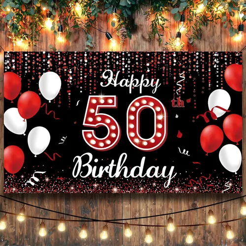 Miniatura 6 de Cartel de fondo de decoración de cumpleaños número 50, decoraciones de feliz cumpleaños 50 para mujeres, rojo, negro y blanco, cartel de fiesta