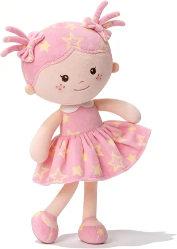 Onetoo First Baby Doll - Muñeca de felpa para niñas, muñeca de trapo suave para niñas, durmiendo, abrazo, amigo, vestido sin mangas, color rosa,