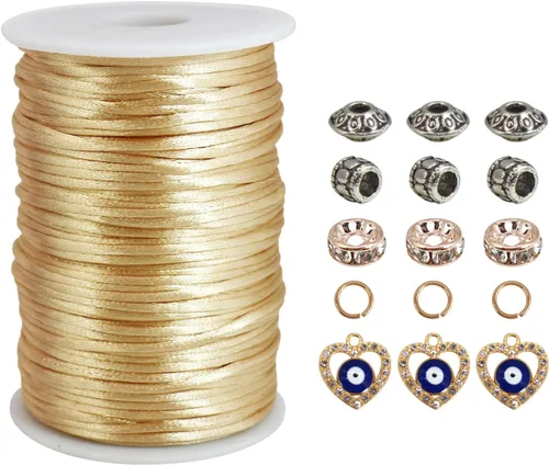 Cordón de satén de 0.098 pulgadas, cuerda de nailon color champán, 300 pies, cordón de seda satinada para hacer joyas, pulseras trenzadas, collares,
