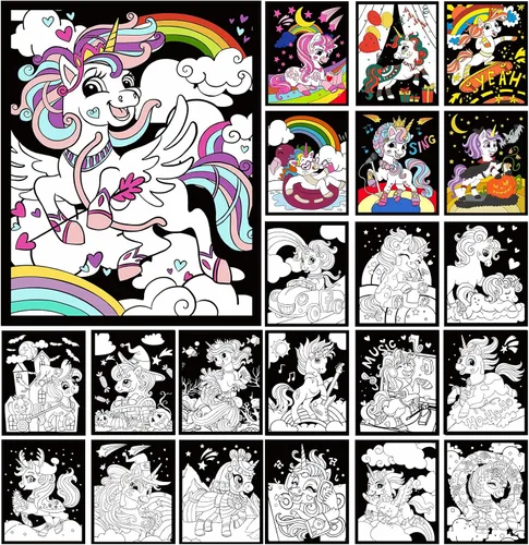 HOTPLACY 48 Piezas Pósteres de Colorear de Terciopelo Difuso Unicornio Pósteres Difusos para Colorear para Adultos Adolescentes Póster Grande Hojas