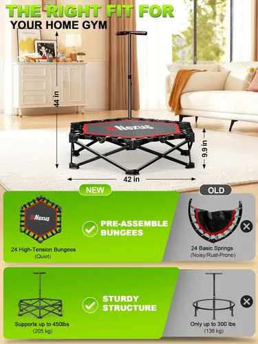 Miniatura 7 de 42" Foldable Mini Trampoline- 450lb Capacity Fitness Rebounder w/3-Level Adjustable T-Bar, Adults Workout Trampoline, Non-Slip Pad Foldable Design