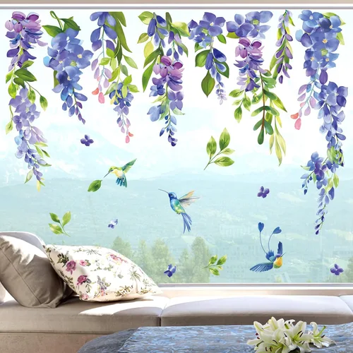 Miniatura 3 de Wondever Etiqueta engomada de cristal de hoja floral de colibrí colgante de flores de primavera azul púrpura etiqueta de ventana estática de doble