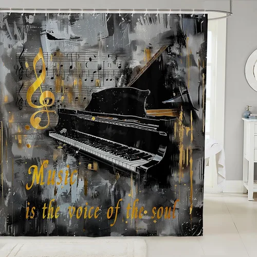 Homewish Cortina de ducha con música de piano, notas musicales, tela impermeable de secado rápido, para niños, niñas, niños, adolescentes, retro,