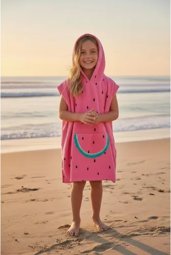 Toalla de playa absorbente con capucha para niños y niñas, toalla de baño de microfibra con broches laterales (sandía, 6-7) 27.00 x 26.00 pulgadas