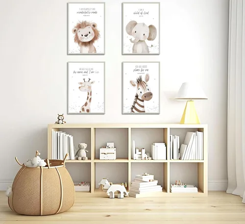 Miniatura 6 de 4 piezas de lienzo de animales con versículos bíblicos para guardería, arte de pared divertido y lindo de animales de safari, pintura cristiana