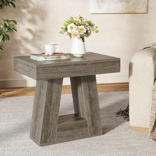Miniatura 14 de Tribesigns Mesa auxiliar moderna de 24 pulgadas, mesa auxiliar de madera estrecha de 2 niveles con base trapezoidal, mesita de noche pequeña