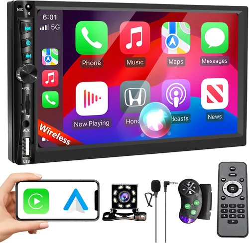 Estéreo de coche inalámbrico de 7" de doble DIN con Apple CarPlay Android Auto 178 * 102mm, radio de reproducción de coche con pantalla táctil para