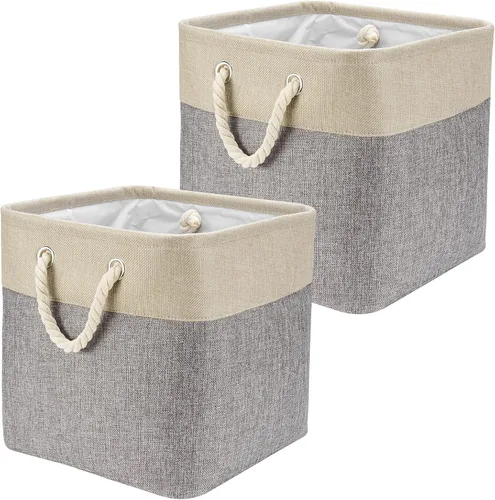 Miniatura 8 de Cubos de almacenamiento de tela de lino beige y azul marino de 13 x 13 x 12.5 pulgadas, paquete de 2 cubos de almacenamiento de 13 x 13 pulgadas