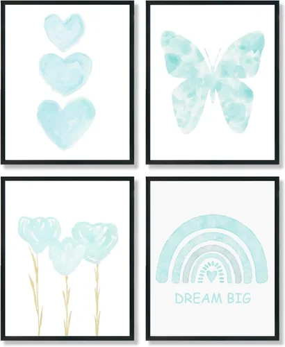 ULEGIE Decoración de Habitación para Niña Pequeña, Arte de Pared Azul para Habitación de Niñas Nursery Sueña en Grande Juego de 4 Impresiones,