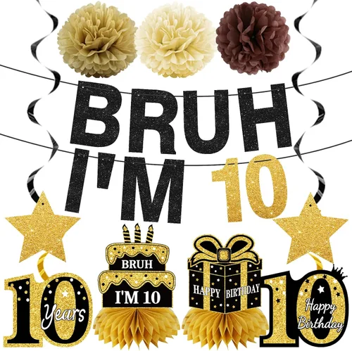 Turypaty 11 piezas de decoración de cumpleaños número 10 para niños y niñas, pancarta de feliz cumpleaños número 10 en negro y dorado con texto en