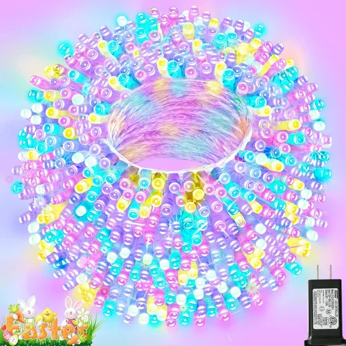 Luces de cadena de colores para decoración de Pascua, 20 mt 200 luces LED de Pascua en colores pastel, 8 modos, enchufables, luces de hadas
