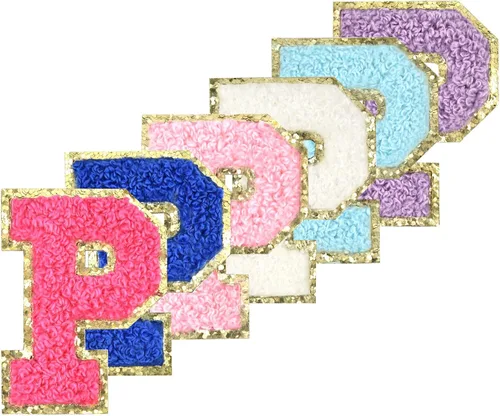 Miniatura 23 de 6 piezas de parches de letras de chenilla autoadhesivas con purpurina para planchar, parches de letras universitarias estilo preppy, letras difusas