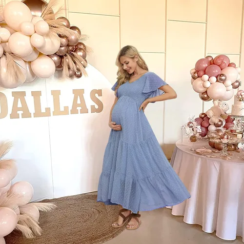 Miniatura 3 de Vestido de maternidad fruncido de lunares suizos para baby shower, sesión de fotos, casual, cuello en V, manga con volantes, cintura imperio