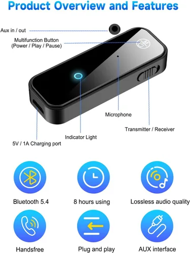 Miniatura 8 de Adaptador auxiliar Bluetooth 5.4 actualizado para automóvil, transmisor y receptor de audio Bluetooth 2 en 1 Jack de 0.138 in RCA inalámbrico Dongle