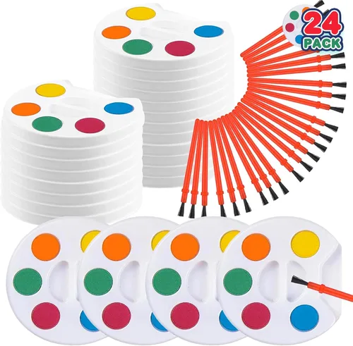 Paquete de 24 mini pintura de acuarela, kit de mini paleta de pintura de 5 colores a granel con pinceles, recuerdos de fiesta artística para niños