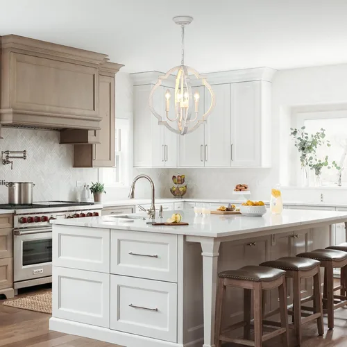 Miniatura 3 de Lámpara de araña blanca para comedor - Lámpara colgante moderna de 4 luces, luces colgantes de madera rústica para cocina, isla, sala de estar