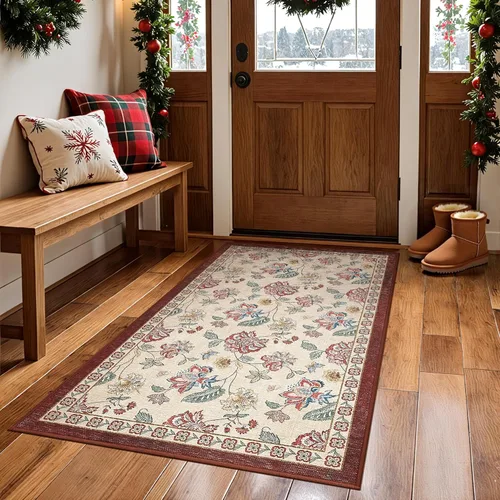 Miniatura 190 de Jinchan Fiora - Alfombra redonda de 8 pies, alfombras vintage con diseño floral envejecido, lavable a máquina, antideslizante, de pelo bajo, Azul