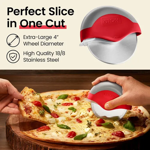 Miniatura 3 de Rueda para cortar pizza con protección para cuchilla Kitchy, rebanador súper afilado y fácil de limpiar, de acero inoxidable, Rojo