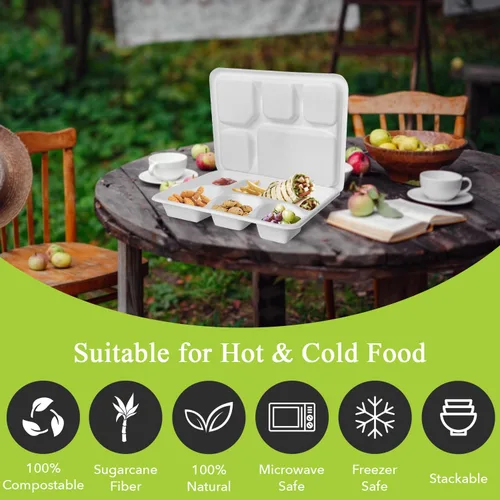 Miniatura 5 de three leaf Bandeja de comida con tapa de 5 compartimentos, 200 juegos. Bandeja de bagazo desechable resistente y ecológica con tapa, platos 100% 5