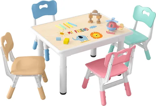 Miniatura 8 de DOREROOM Juego de Mesa y 4 Sillas para Niños de Altura Ajustable, Juego de Mesa y Silla para Niños Pequeños con Superficie de Grafiti, 31.5''L x