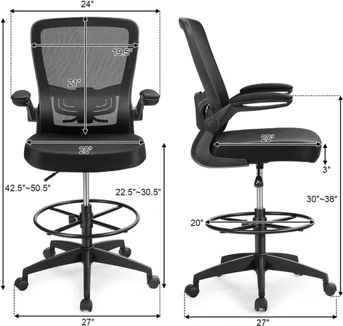 Miniatura 3 de Giantex Silla de dibujo, sillas de oficina con respaldo alto, con reposapiés, reposabrazos abatible, altura ajustable, silla de escritorio Negro