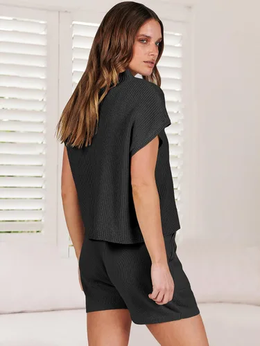 Miniatura 4 de ANRABESS Conjunto de dos piezas para mujer, suéter corto, suéter y pantalones cortos, conjunto de ropa de descanso