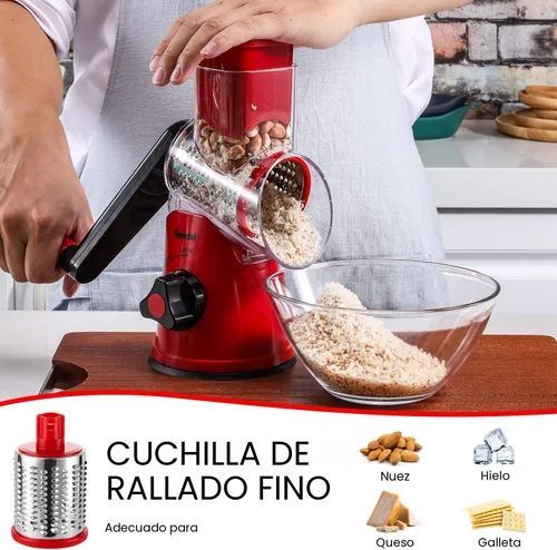 Miniatura 5 de Geedel Rallador giratorio de queso, cortador de verduras de mandolina de cocina con 3 cuchillas intercambiables, rallador fácil de limpiar para Rojo
