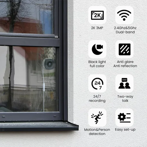 Miniatura 2 de Cámara de ventana 2K sin taladro, paquete de 2 cámaras para seguridad del hogar, monitoreo interior y exterior a través de vidrio, visión nocturna a