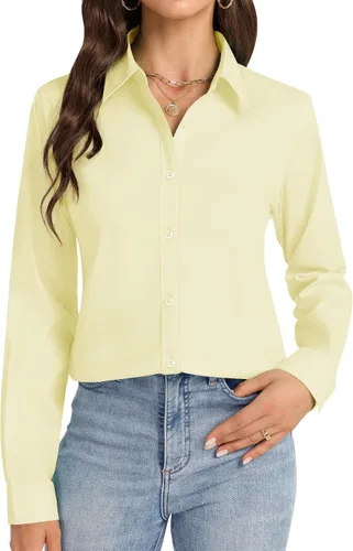 Miniatura 14 de Camisas con botones J.VER para mujer con cuello elástico y manga larga de algodón, camisa de vestir casual de negocios para el trabajo