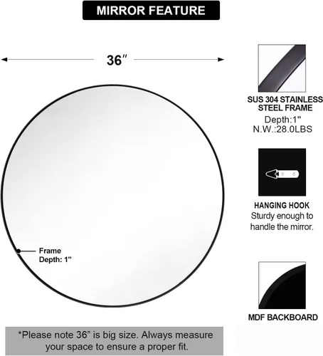 Miniatura 2 de Espejo redondo negro de 36" de ANDY STAR, espejo circular negro, espejo redondo negro de 36 pulgadas para baño, gran espejo de pared circular