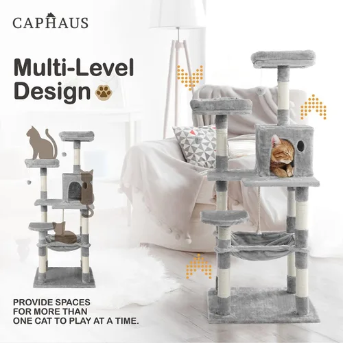 Miniatura 4 de CAPHAUS Árbol de Actividad para Gatos Extra Ancho y Alto con Dos Perchas Superiores, Postes Rascadores, Torre de Juego Multinivel para Lindos Gatos