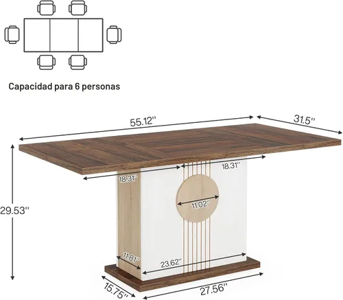 Miniatura 2 de Tribesigns Mesa de comedor rectangular de 55 pulgadas para 4 a 6 personas, mesa de comedor de madera de granja para cocina, comedor y sala de estar