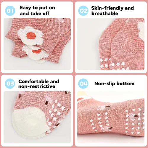 Miniatura 3 de Tphon Toddler Girls Socks with Grips Baby Anti Slip Ankle Socks 12 Pairs Kids Cute Cartoon Patterns Sock for 6M-7Years