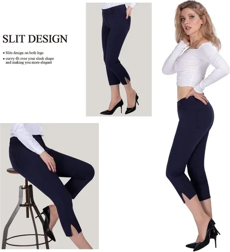 Miniatura 4 de PUWEER Pantalones capri para mujer, elegantes, casuales, elásticos, rectos con bolsillos