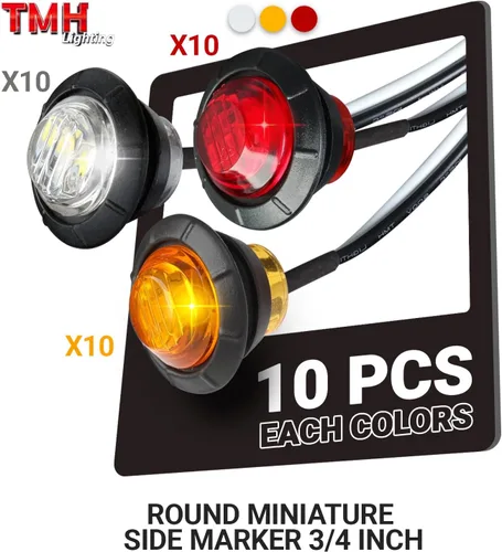 Miniatura 2 de TMH 30 piezas 3/4 pulgadas 10 luces ámbar + 10 luces rojas + 10 luces blancas, 3 LED, luces indicadoras de despeje, luces marcadoras laterales, mini
