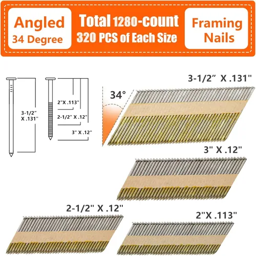Miniatura 2 de Clavos para Enmarcar de 34-30 Grados, 4 Tamaños (2"+2-1/2"+3.0" con Anillo+3-1/2" Lisos), Clavos de Tira de Cinta de Papel Galvanizados por