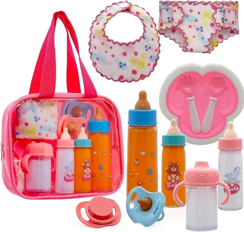 Juego de 11 piezas de accesorios para muñecas de bebé, juego de 11 piezas de alimentación de muñecas con botellas de leche y jugo que desaparecen,