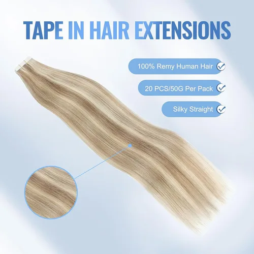 Miniatura 3 de Sixstarhair Extensiones de cabello con cinta adhesiva, color marrón claro, mezclado con rubio ceniza, sin costuras, lacio, 18 pulgadas, 1.76 onzas