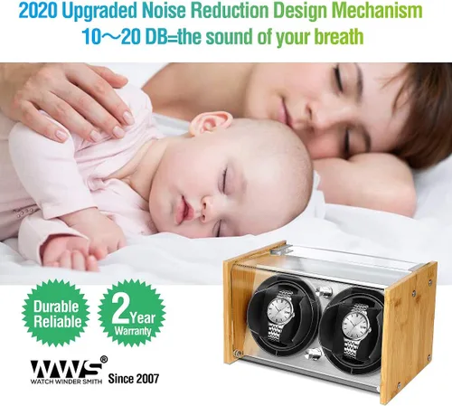 Miniatura 4 de Bobinadora de reloj de bambú para 2 relojes automáticos grandes a pequeños de Watch Winder Smith