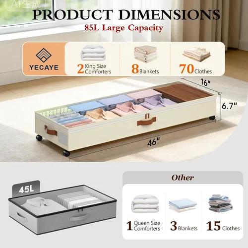 Miniatura 2 de Yecaye Almacenamiento debajo de la cama de 85 L con ruedas, paquete de 2 contenedores de almacenamiento debajo de la cama con separadores y tapas