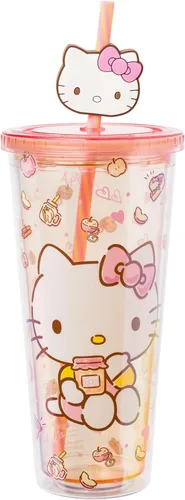 Miniatura 25 de Silver Buffalo Sanrio Hello Kitty Bow Pink Polka Dots - Vaso frío de plástico con tapa y tapa con pajita, 24 onzas Lazo Hello Kitty y lunares rosados