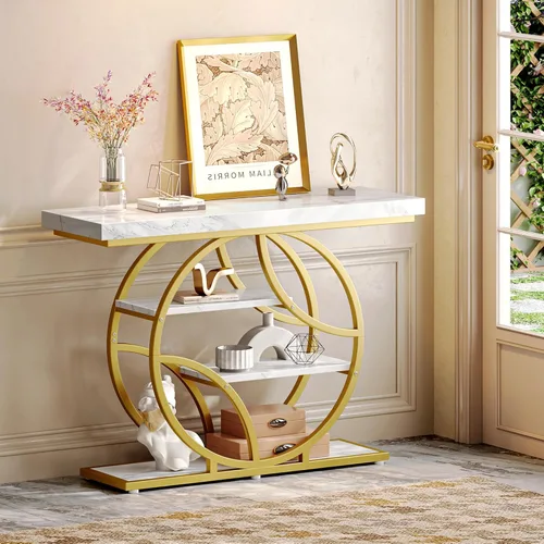 Miniatura 3 de Huuger Mesa de entrada de 41.3 pulgadas con parte superior de mármol, moderna mesa de sofá consola con estantes, para entrada, pasillo, entrada