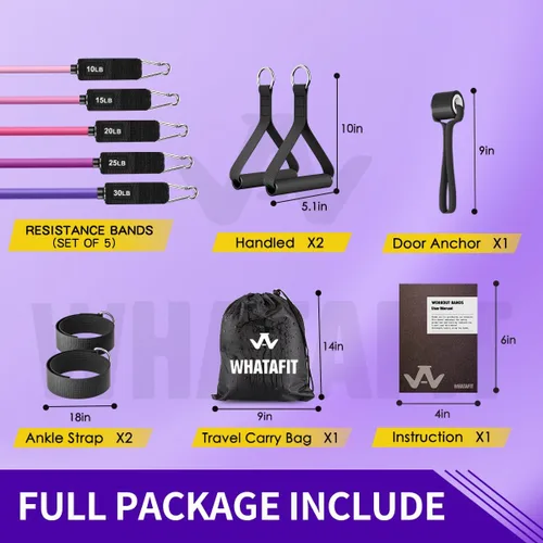 Miniatura 3 de WHATAFIT Juego de bandas de resistencia con asas, bandas de ejercicio para gimnasio en casa, equipo de entrenamiento de fuerza, incluye anclaje