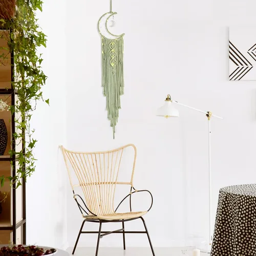 Miniatura 4 de ANROYE Colgante de pared tejido de macramé bohemio, crochet, luna creciente, estrella, atrapasueños con borla larga, algodón verde, hecho a mano