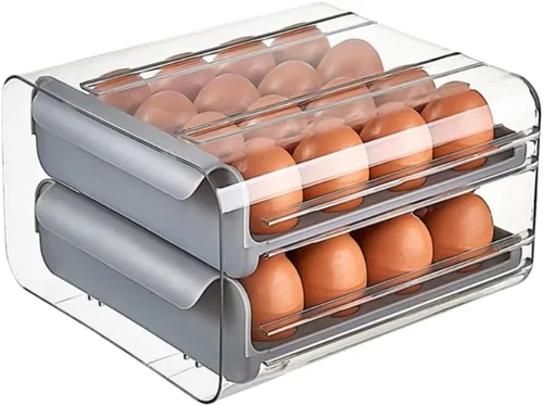 Miniatura 8 de Cajón de huevos para refrigerador 32 huevos, soporte para huevos apilable transparente de 2 niveles con cajón para refrigerador, caja de Blanco