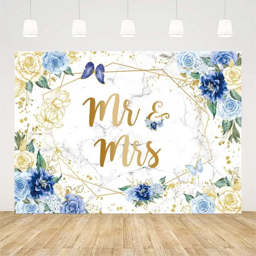Miniatura 2 de AIBIIN Telón de fondo floral de mármol de 7 x 5 pies para despedida de soltera, flores azules, mariposa, fondo geométrico dorado para parejas